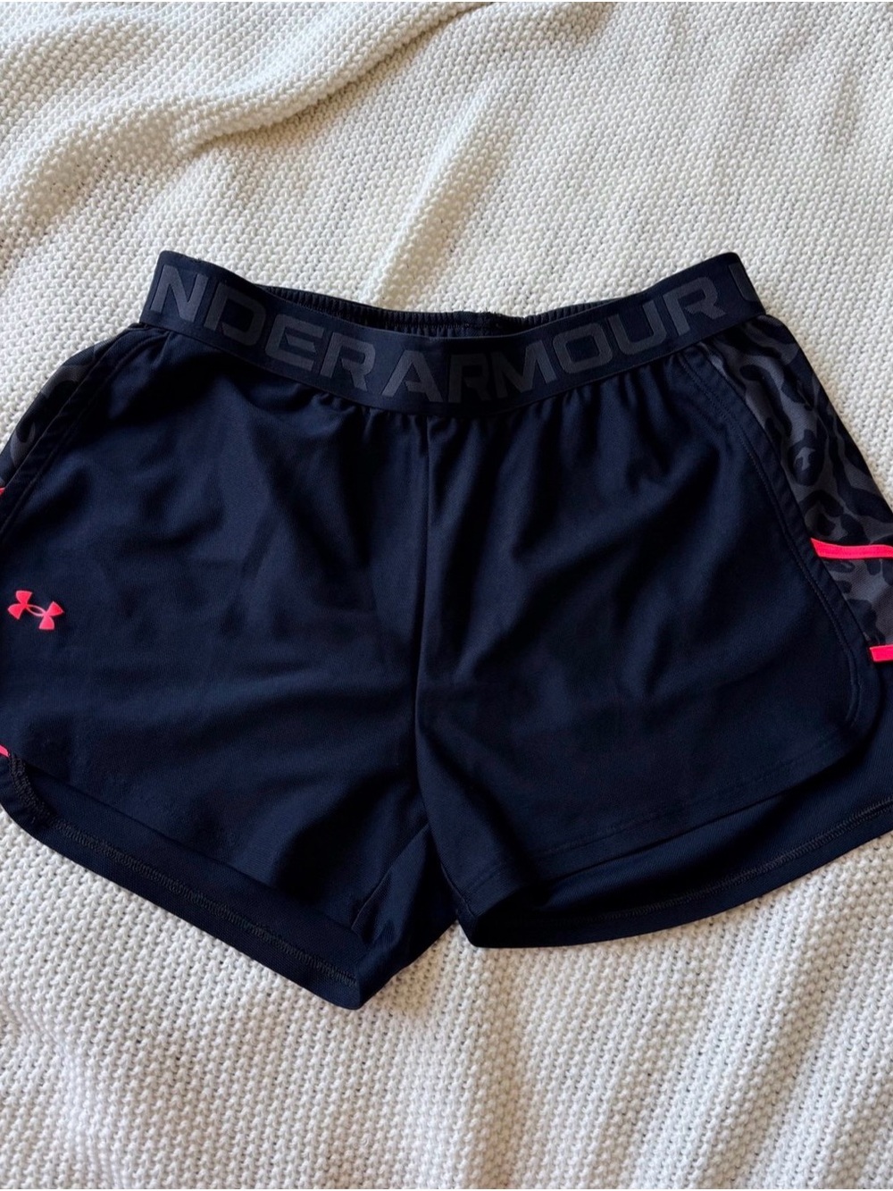 Under Armour Women's Black Athletic Shorts with Pink Logo and Trim